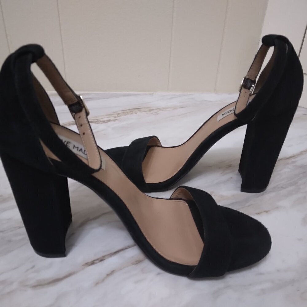 Steve Madden | Carrson Black Suede Block Heel Sandals | Size 9.5 - Picture 7 of 12